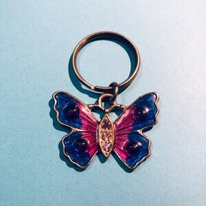 Butterfly Keychain Purple & Blue Enamel Silver Tone Metal Pink Rhinestones